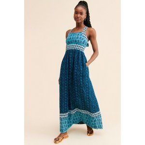 Faherty Dress sz S Gracie Linen Maxi Dress Blue Boho Straps Boho